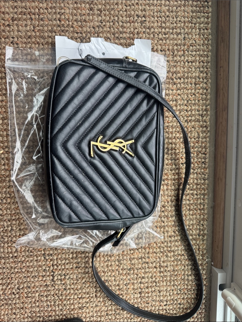 Yves Saint Laurent Black Quilted Camera Bag with Gold YSL Emblem
